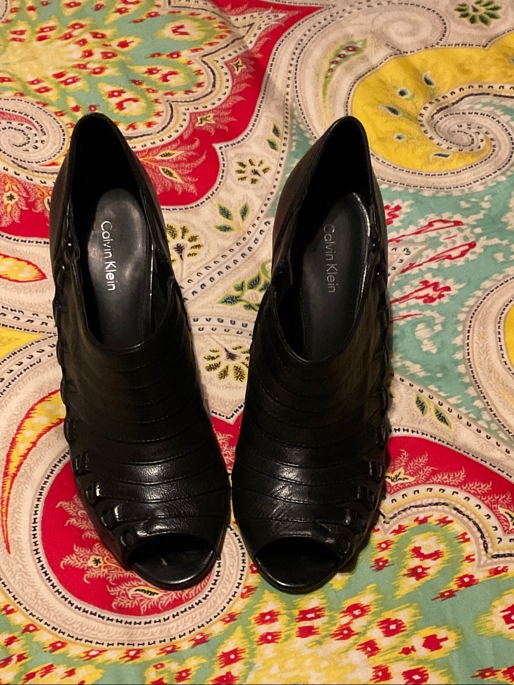 Calvin Klein Black Leather Open-Toe Stacked Heels